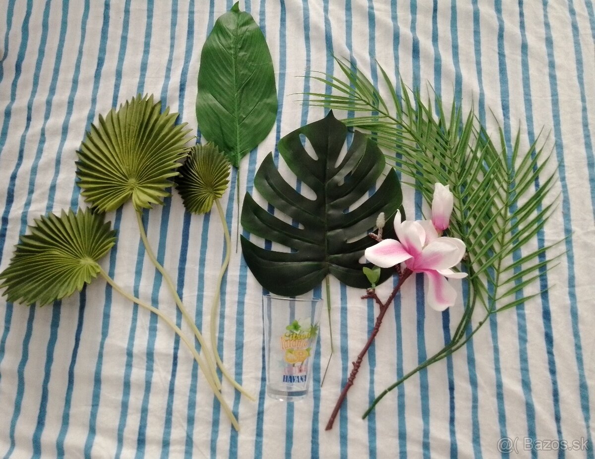 Set - umelé tropické listy+magnólia+váza/pohár/