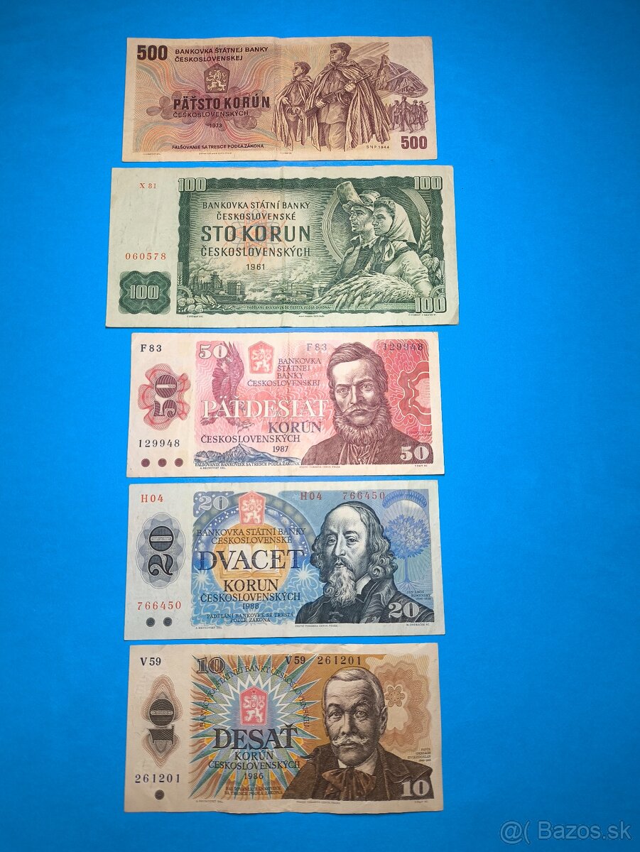 Bankovky ČESKOSLOVENSKO - 10, 20, 50, 100, 500 Kčs