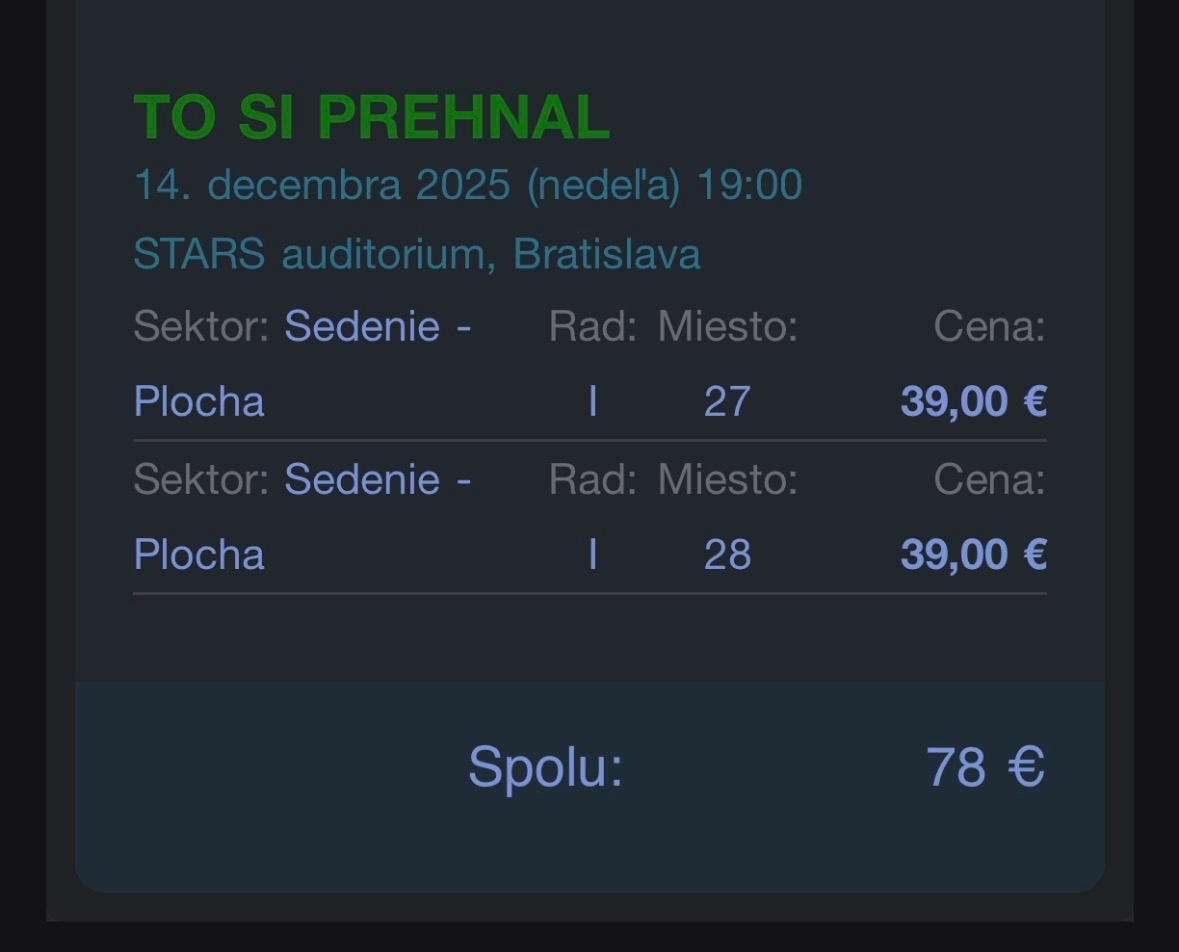 Predám lístky na show TO SI PREHNAL