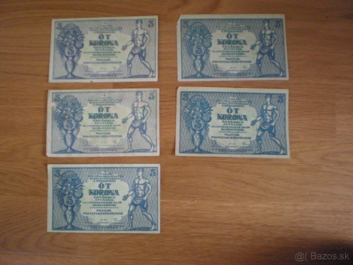 Bankovky 20 korún z roku 1913; 5 korún z roku 1919