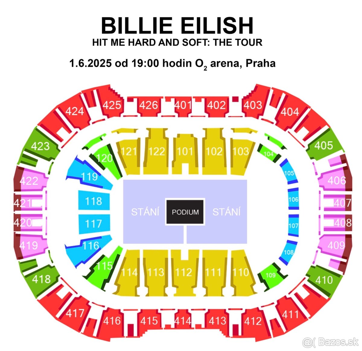 1 lístok státie/sedenie Bilie Eilish Praha