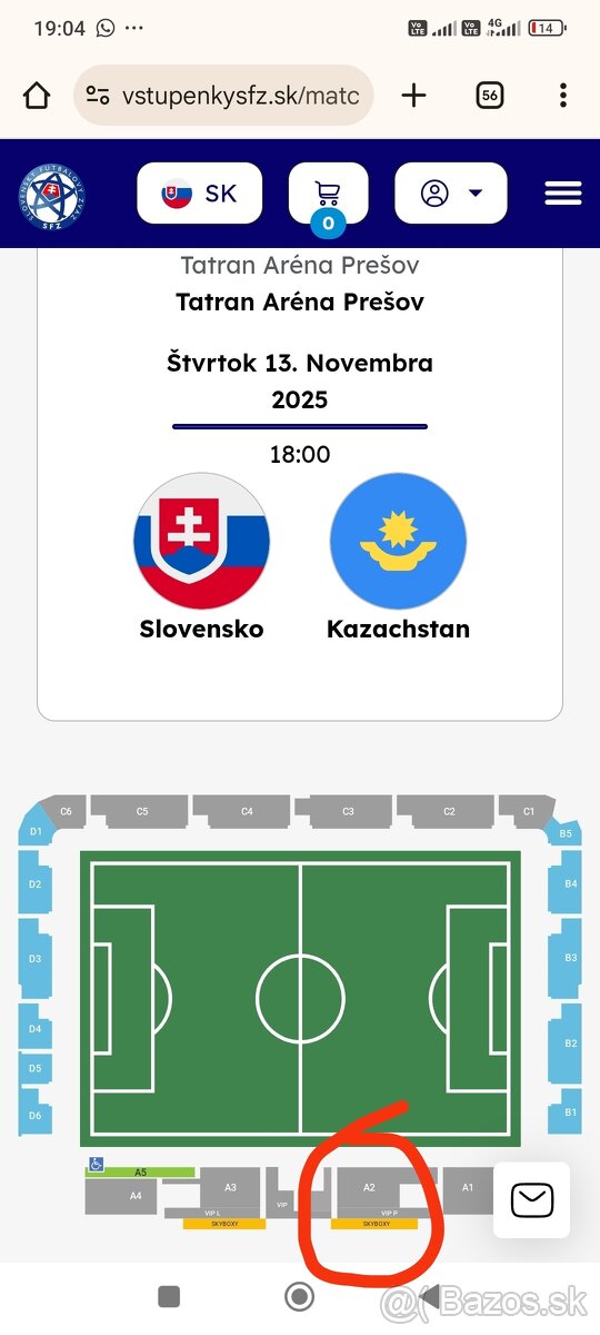 Predám lístky na zápas SLOVENSKO-KAZACHTAN U21