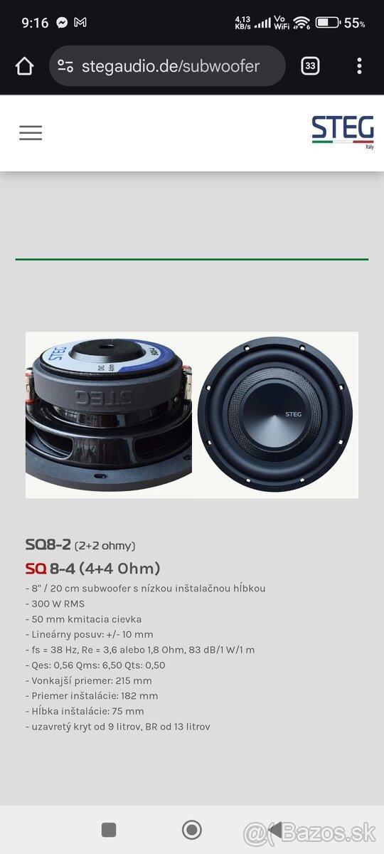 8" subwoofer Steg SQ8-2 s bednou