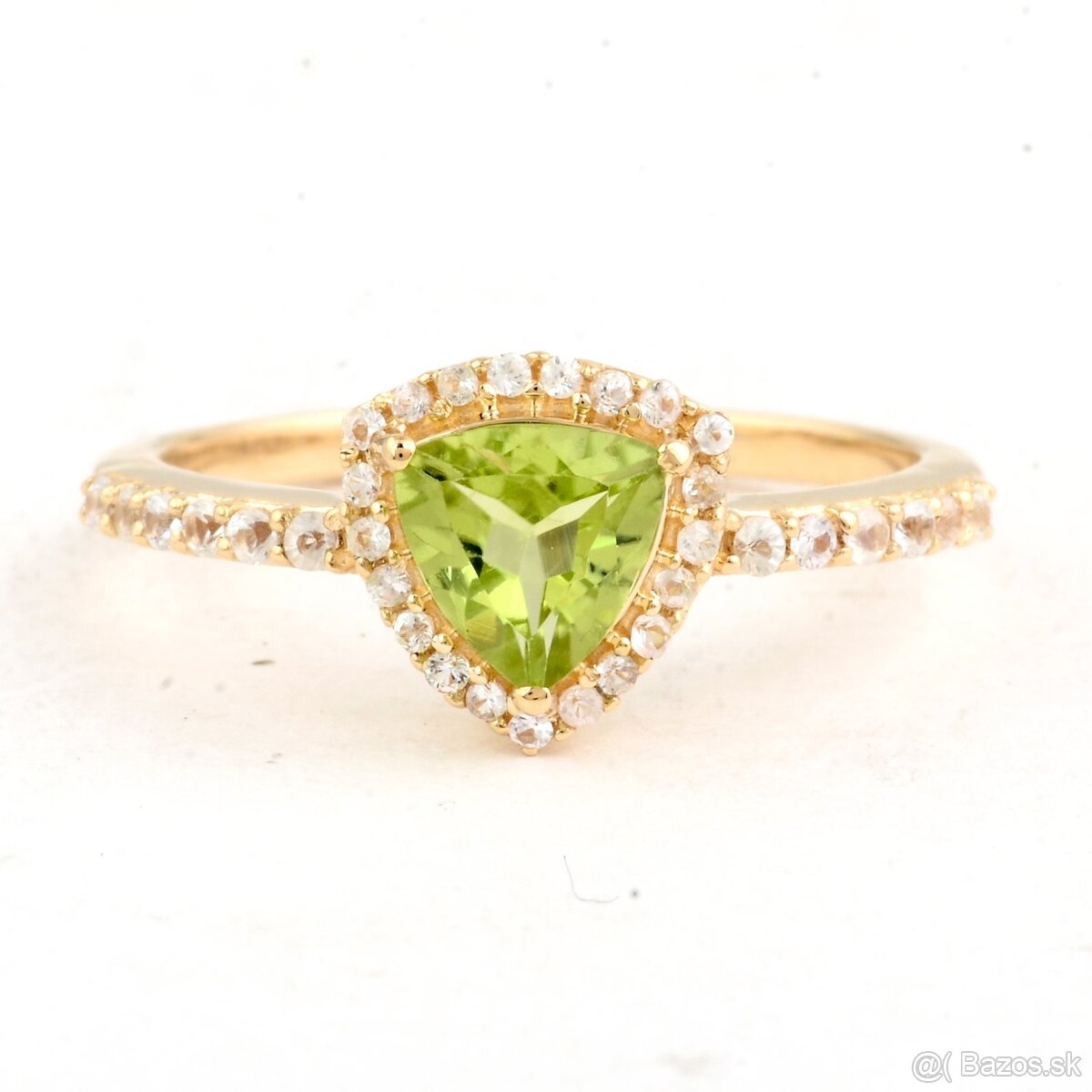 14k Zlatý prsteň s prírodným žltozeleným Peridotom a Zafírmi