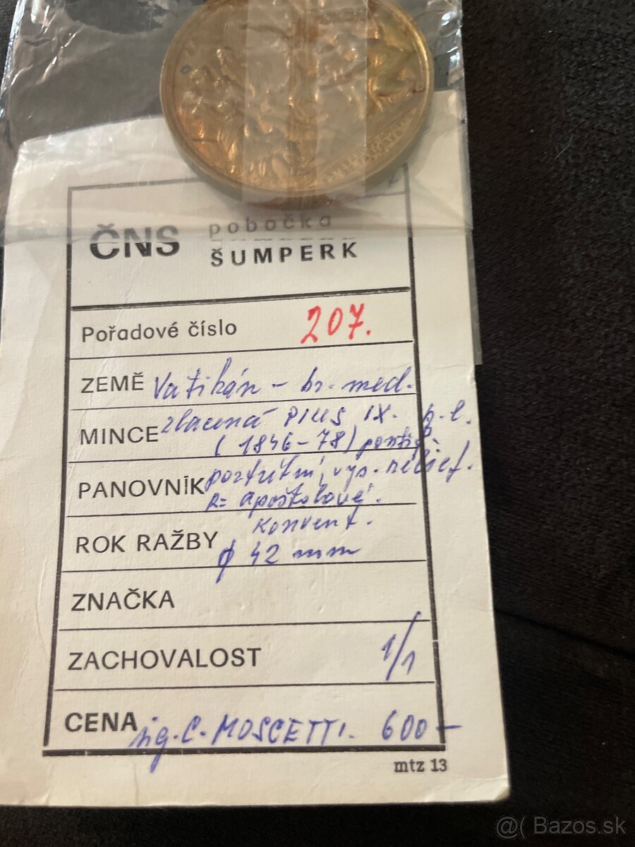 Vatikán bronzová medaila pozlátená