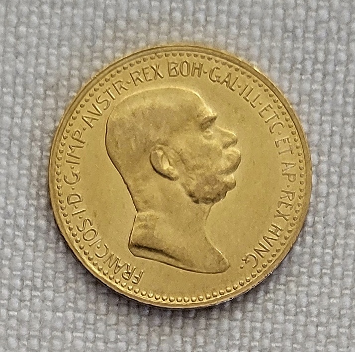 Zlatá rakúska 10 koruna Franz Jozef I., 1908 bz, "jubilejka