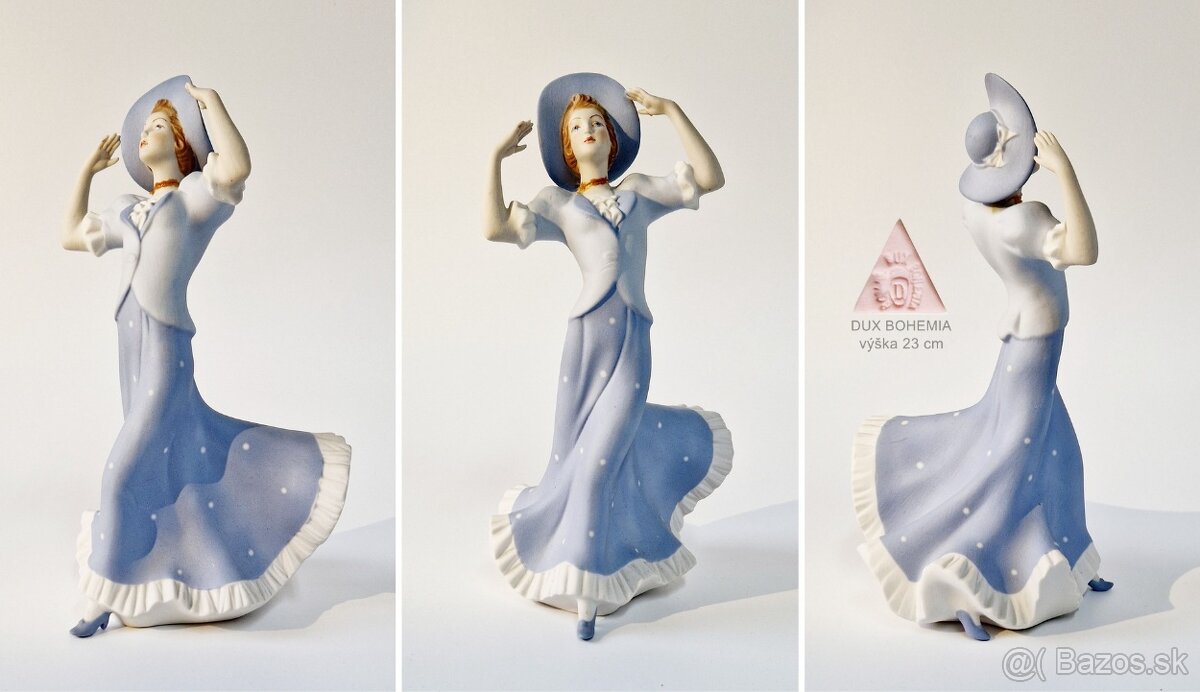 Royal Dux  soška Dáma v modrých šatách s klobúkom v23cm