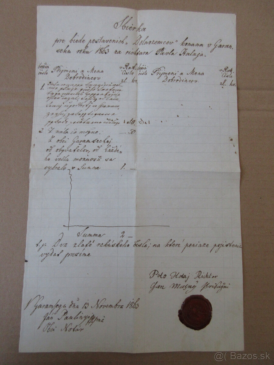 Listina r. 1863 Hronsek, písaná po slovensky, vosková pečať