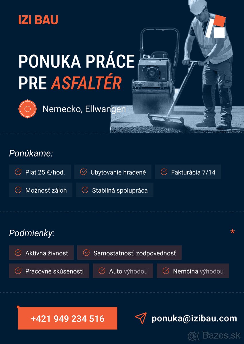 Ponuka práce – asfaltér , výpomoc k bagru
