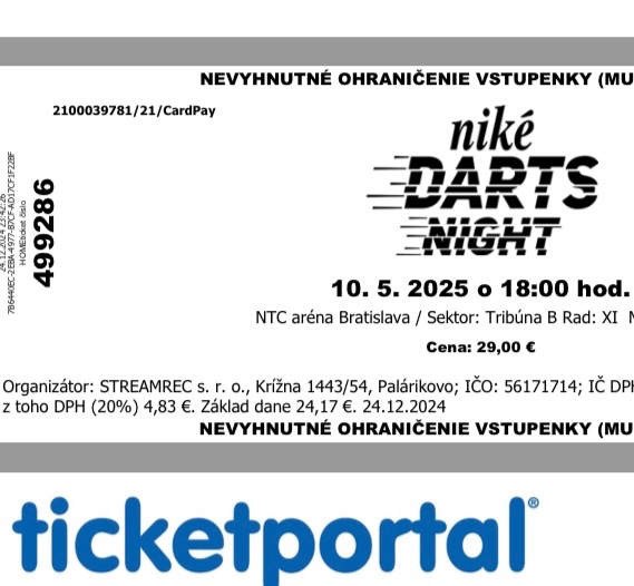 Predam lístok na Nike Darts Night