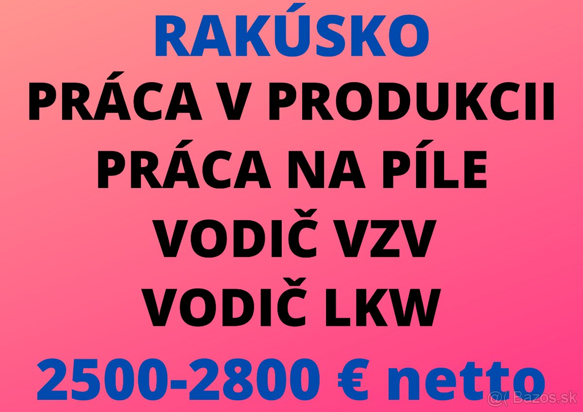 RAKÚSKO: PRODUKCIA - PRÁCA NA PÍLE - VODIČ VZV - VODIČ LKW