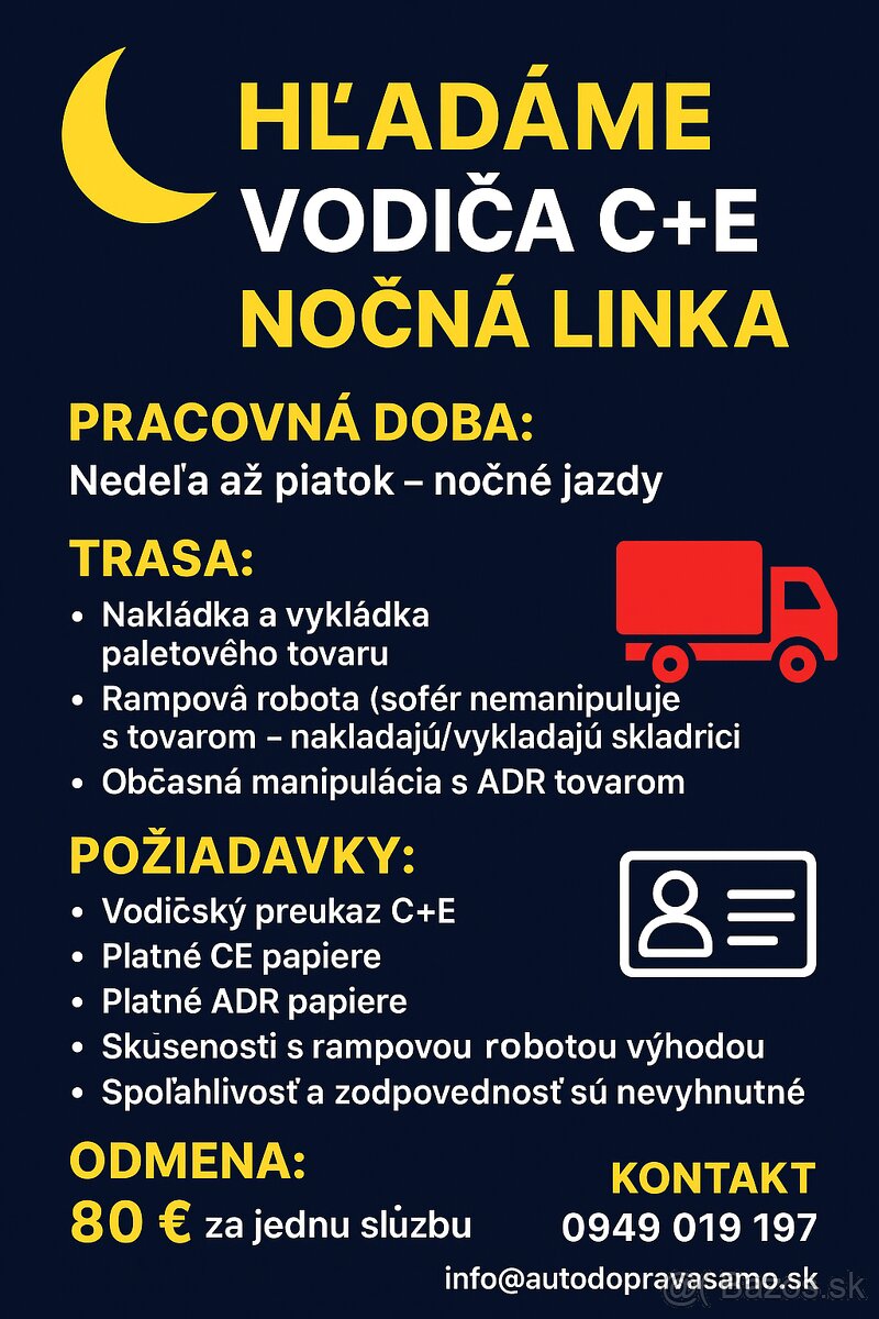 🌙 Hľadáme vodiča C+E – nočná linka Pezinok
