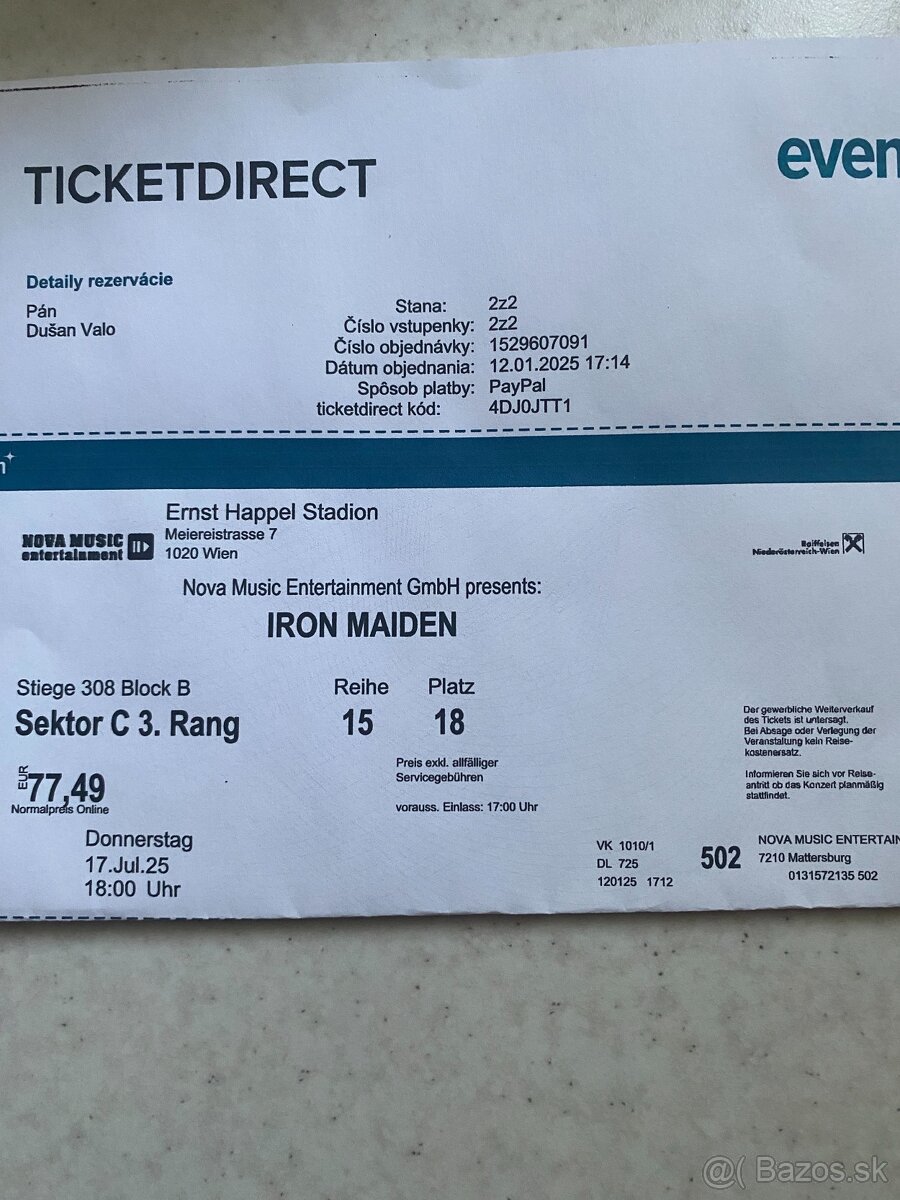 Iron Maiden vo Viedni - 2 vstupenky výhodne