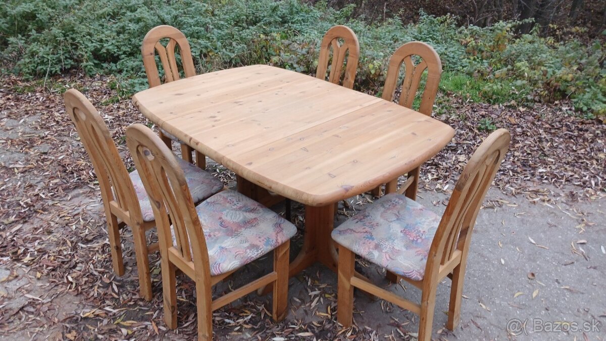 Celomasivny rozkladací stôl+6 ks masivnych stoliček