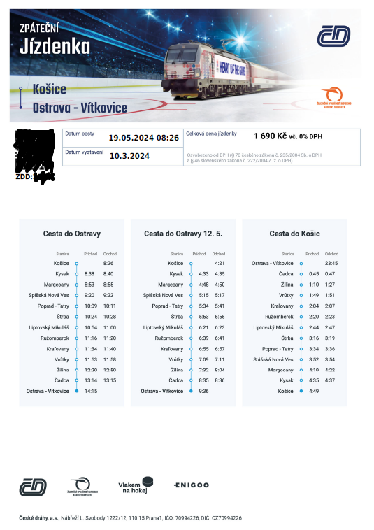 2x spiatočný lístok na vlak na hokej MS 2024 Košice - Ostra