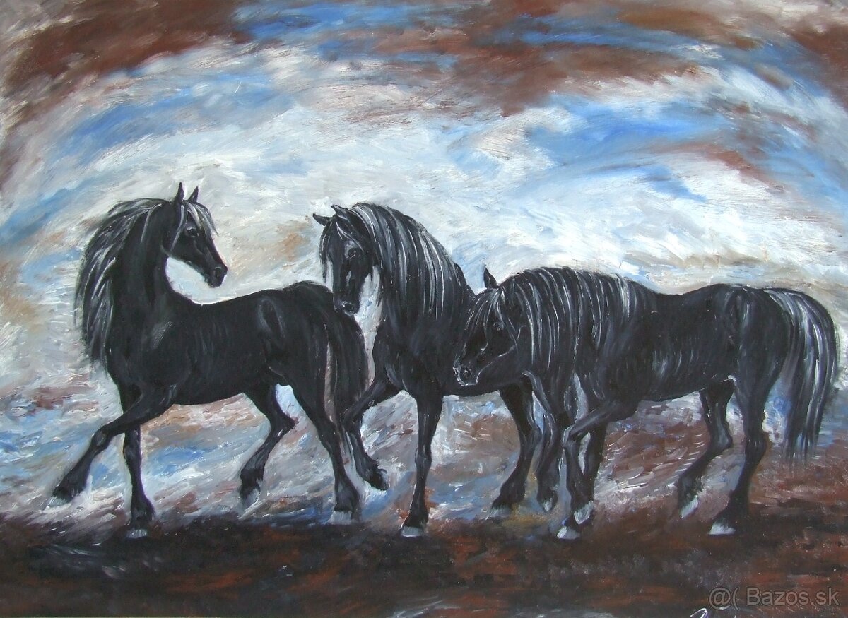 Obraz, olejomaľba, Tri čierne kone