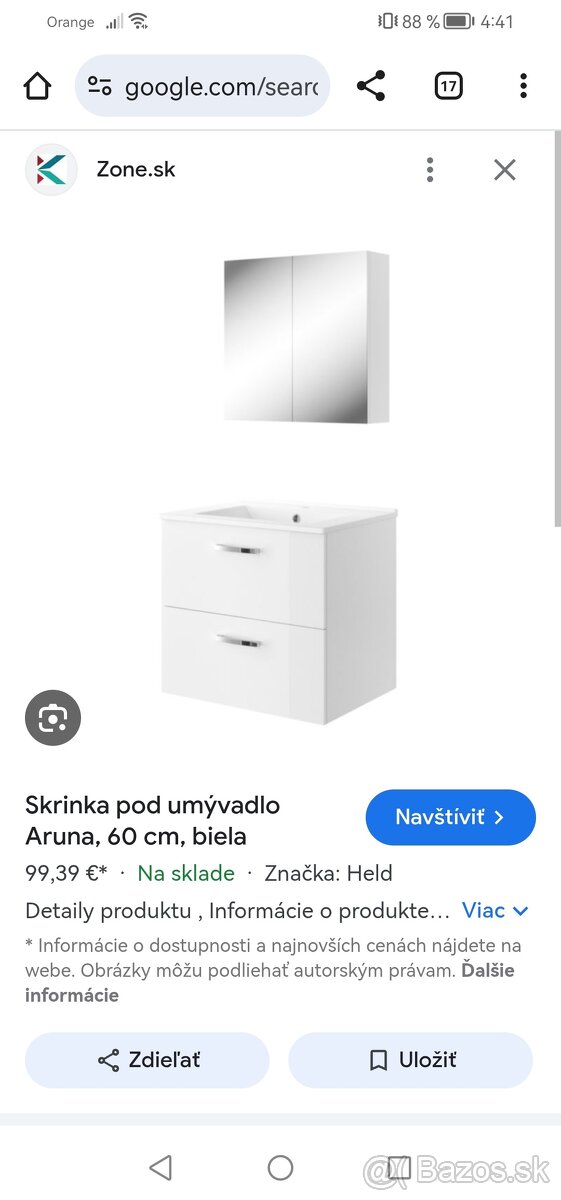 Umývadlo, skrinka pod umývadlo, zrkadlo.