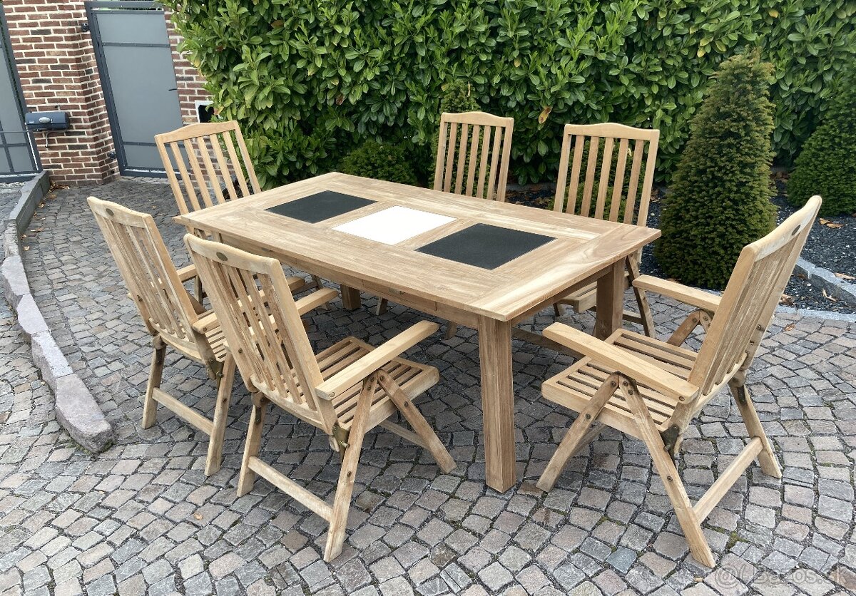 TEAK - Masivny stol a 6 polohovatelnych stoliciek
