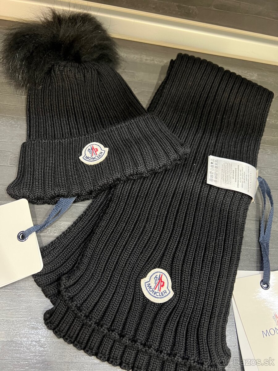 Moncler čiapka a šál čierny