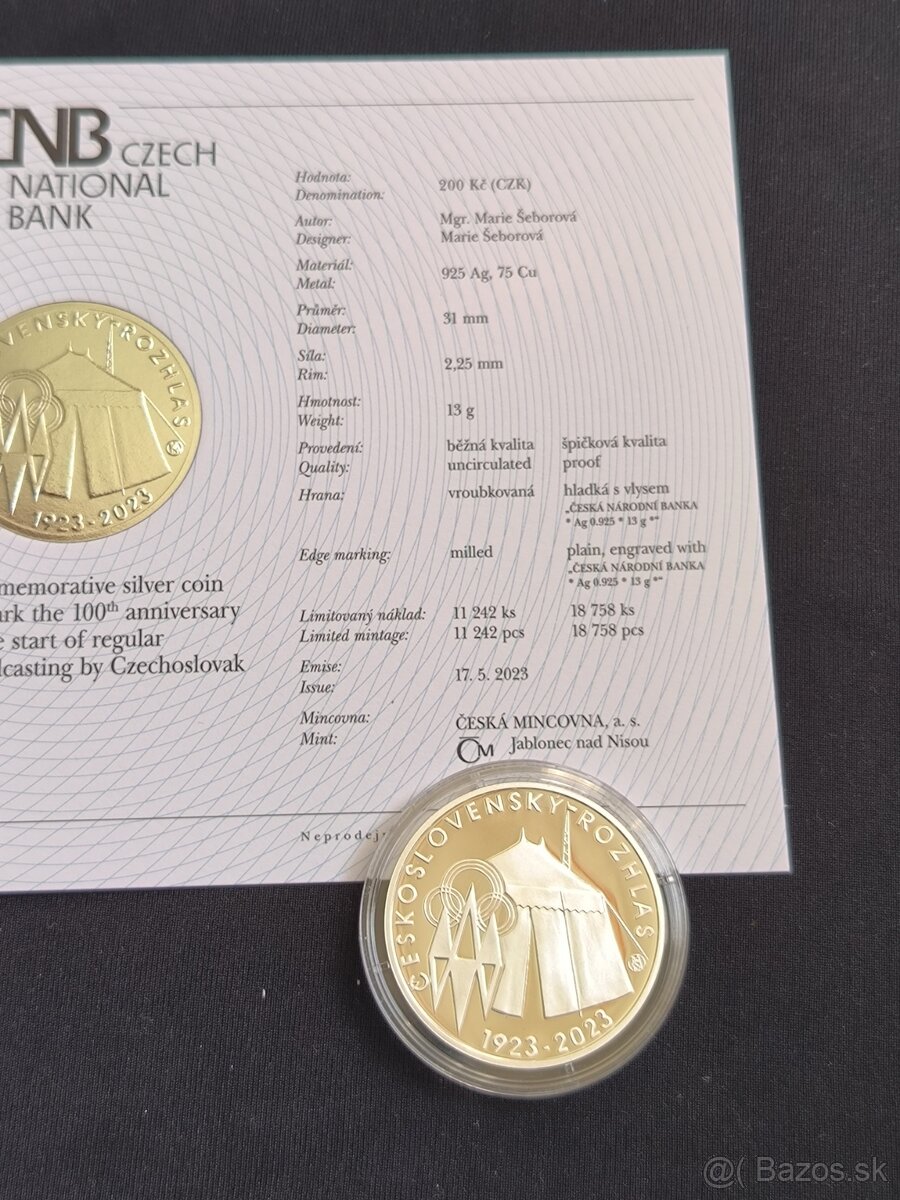 Strieborna minca Československy rozhlas CZ+SK PROOF