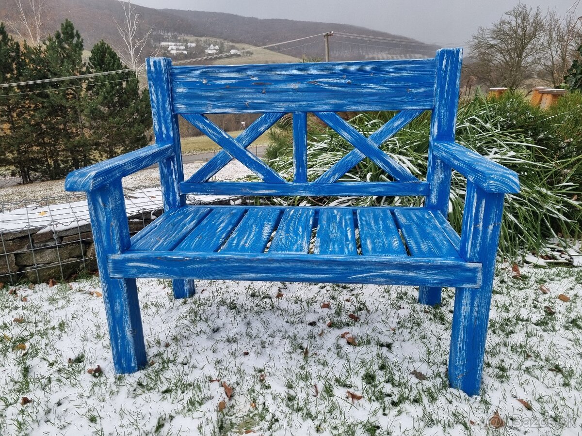 záhradná lavica - X - 2 miestna - modrá s bielou patinou