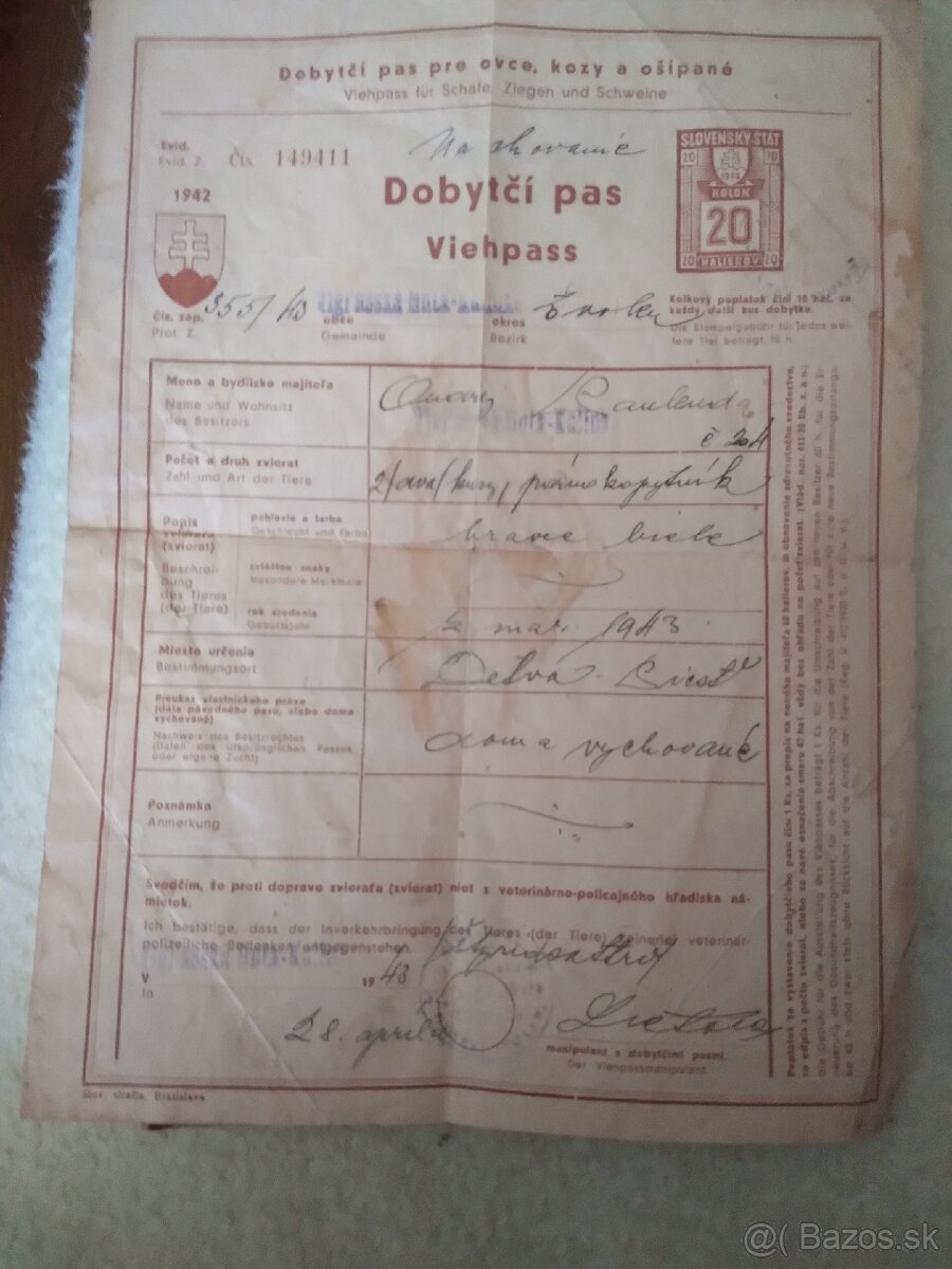 Doklad zo sl.štatu-Dobytčí pas z r.1943