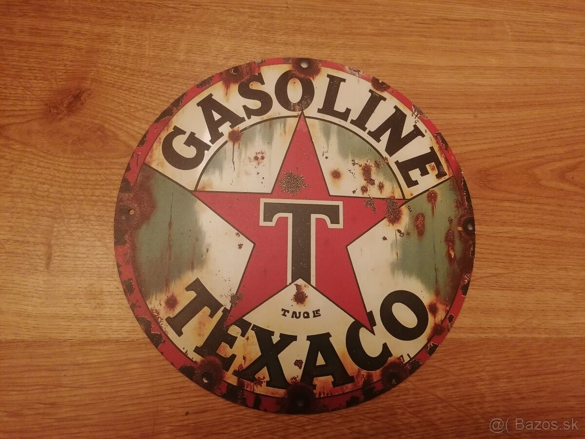 Plechová guľatá tabuľa Texaco gasoline