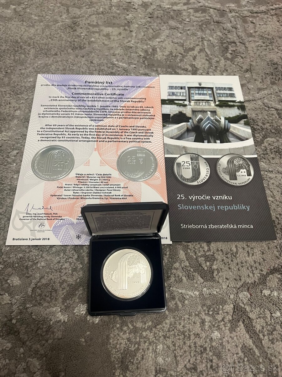 25 Euro 25. výročie vzniku SR PROOF 2018 + pamätný list