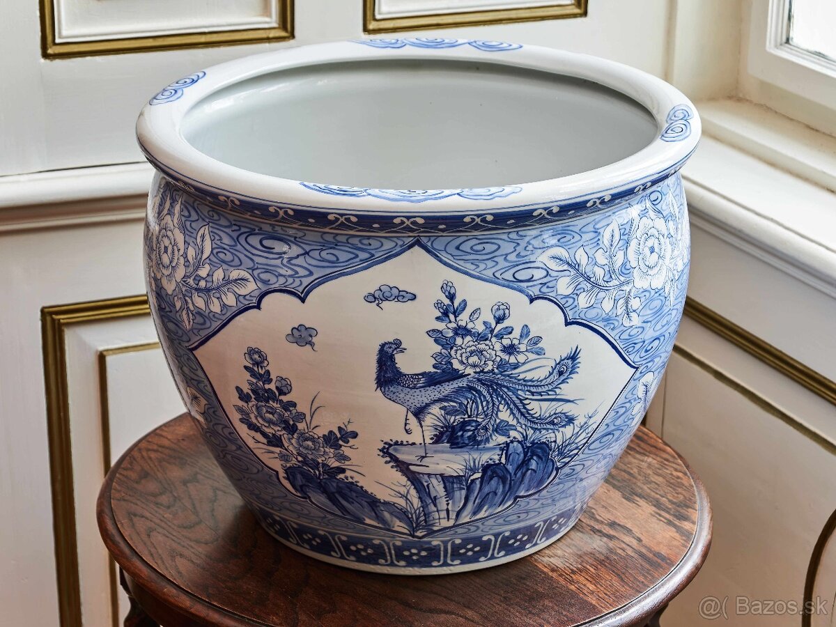 Čínský ručně malovaný porcelánový květináč – kobaltová modř,