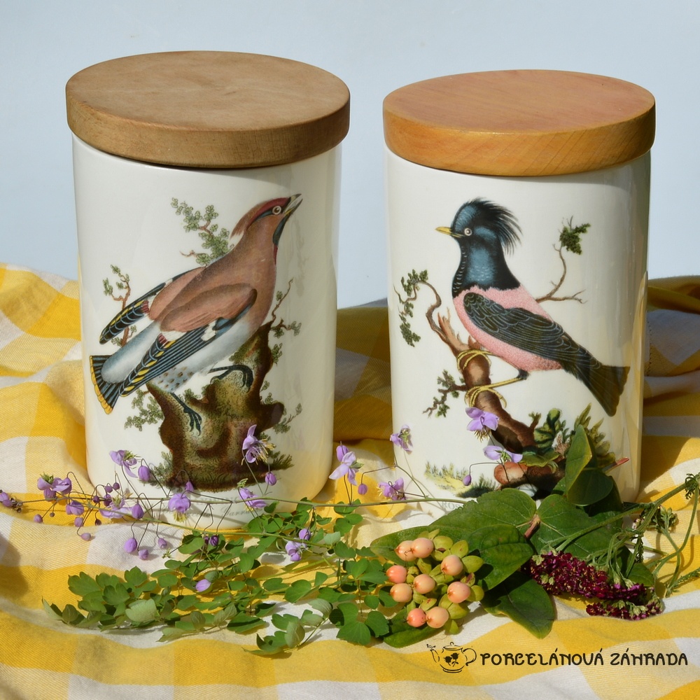 Dve vintage veľké dózy s dreveným vrchnákom Vtáky