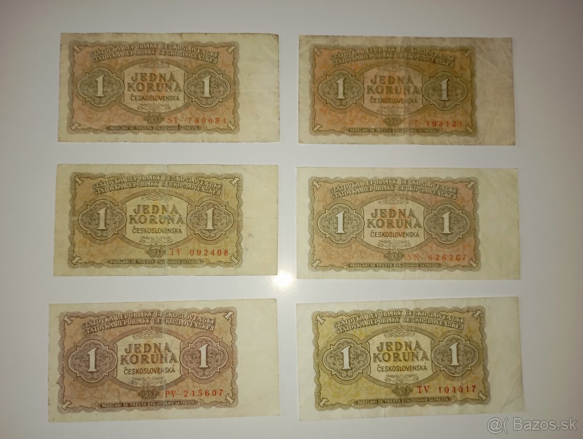 BANKOVKY 1 KČS, 1953, RŮZNÉ SÉRIE, VŠE NEPERFOROVANÉ