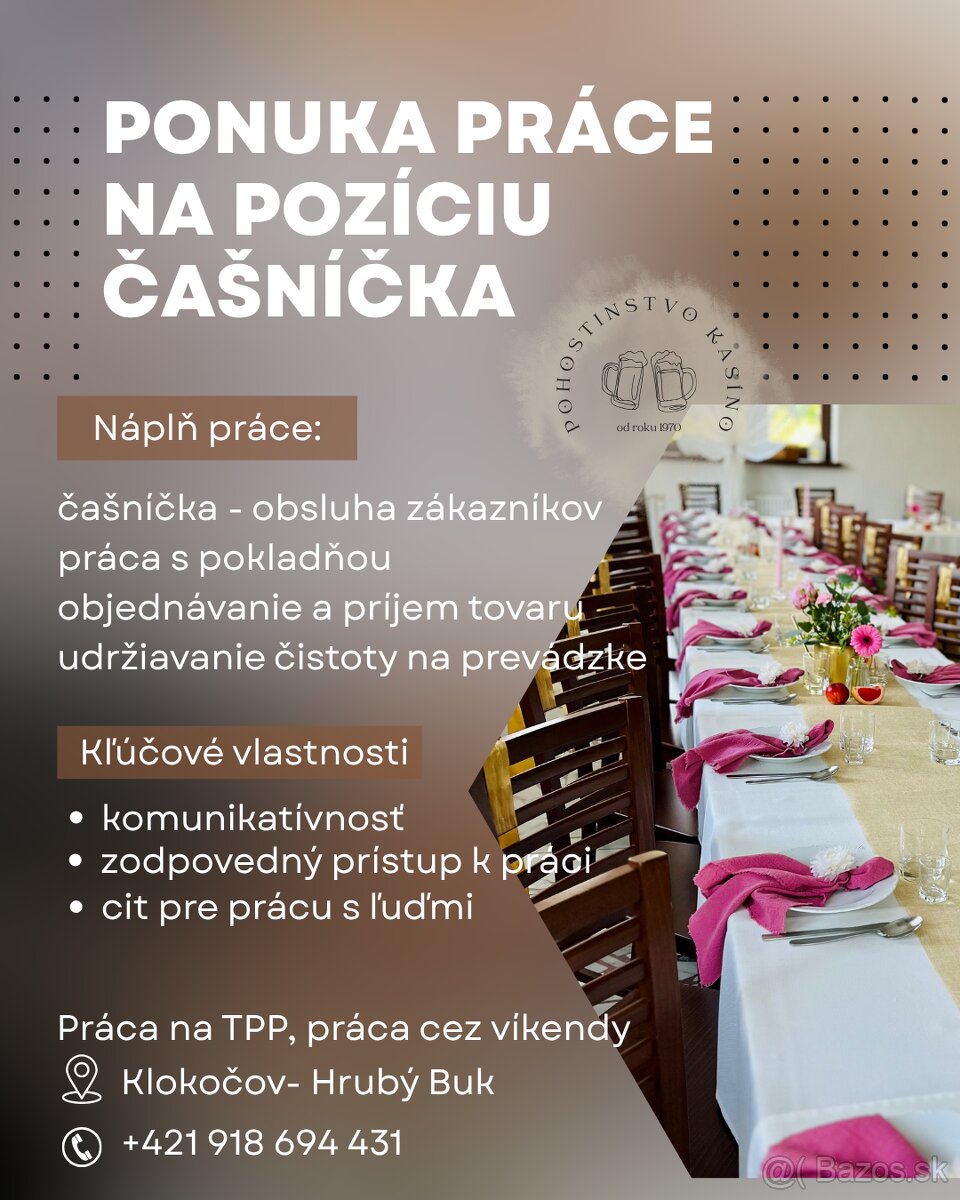 Ponúkame prácu na pozíciu čašníčka