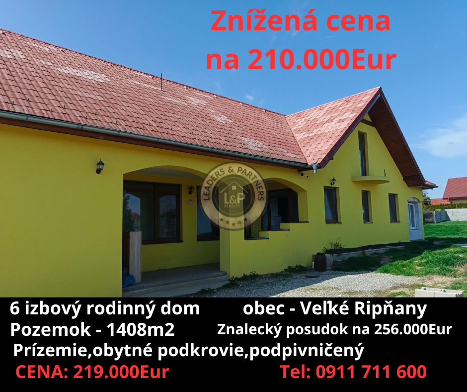 Znížená cena 6 izbový dom v obci Veľké Ripňany