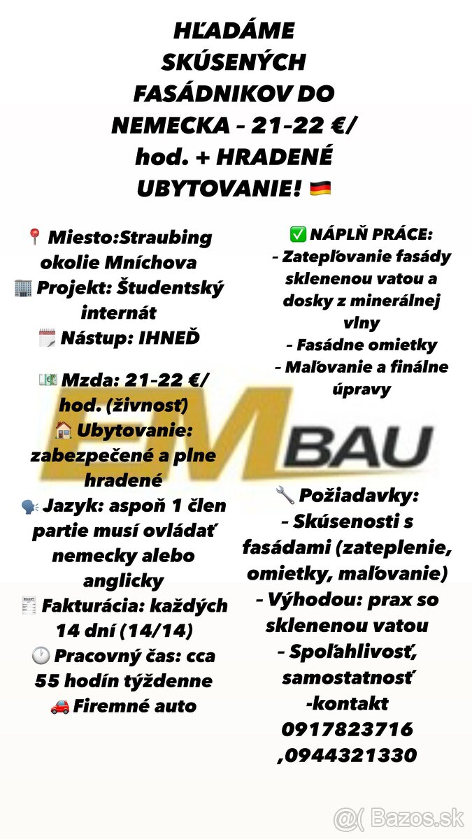 FIRMA EMBAU GROUP HĽADÁ SKÚSENYCH FASÁDNIKOV,MALIAROV