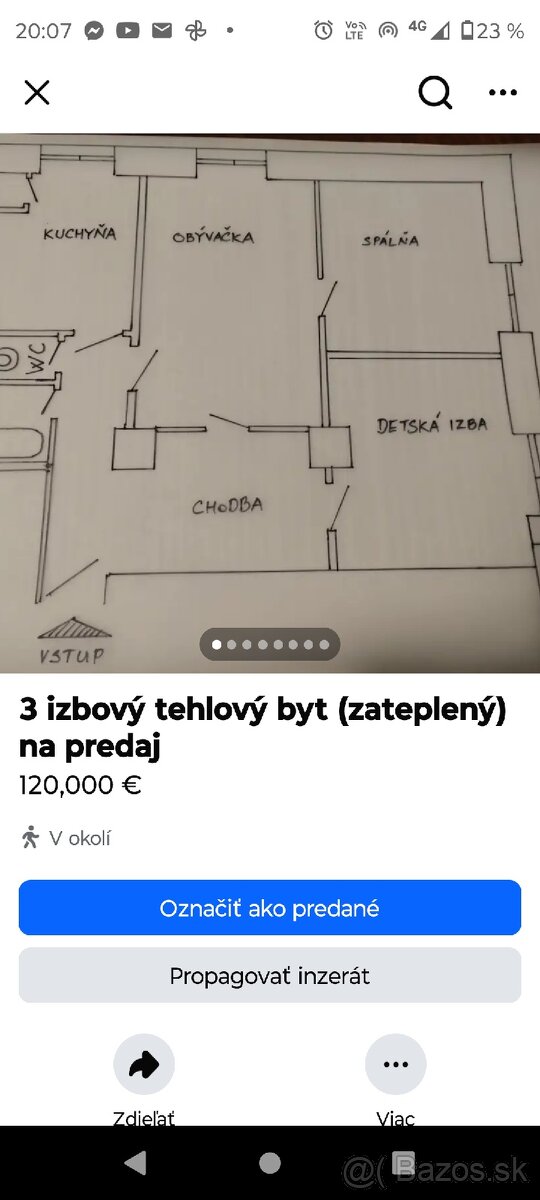 3 izbový tehlový zateplený byt na predaj