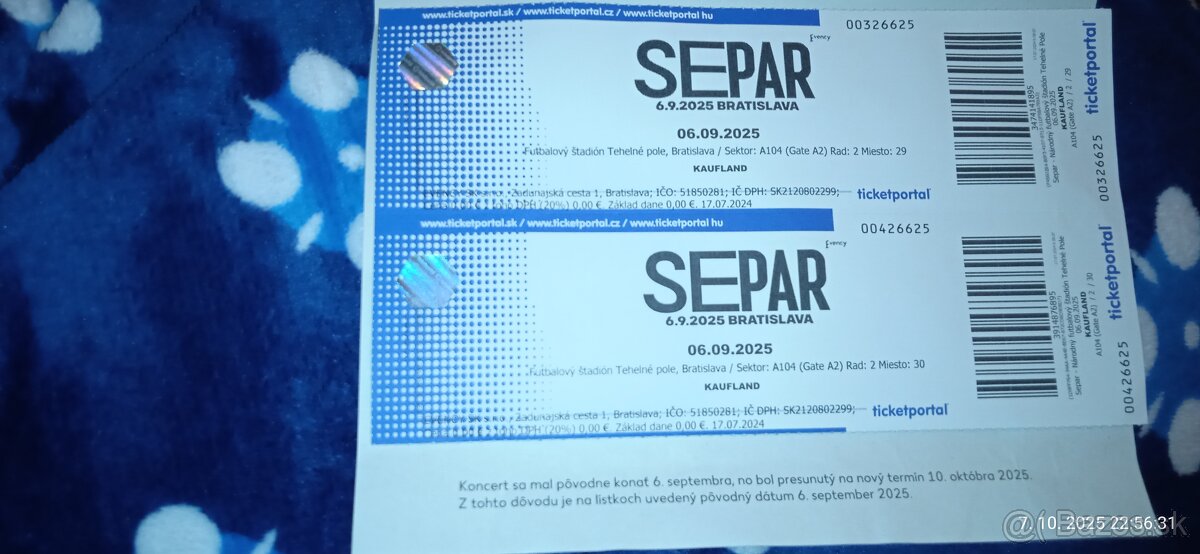 Predám 2 lístky na koncert SEPARA