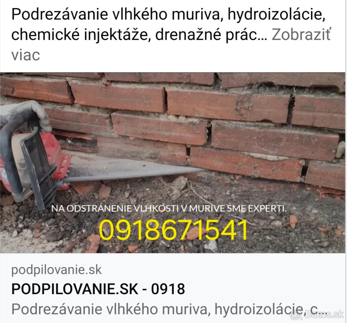 Vlhké murivo,podpílenie podrezanie muriva chemická injektáž