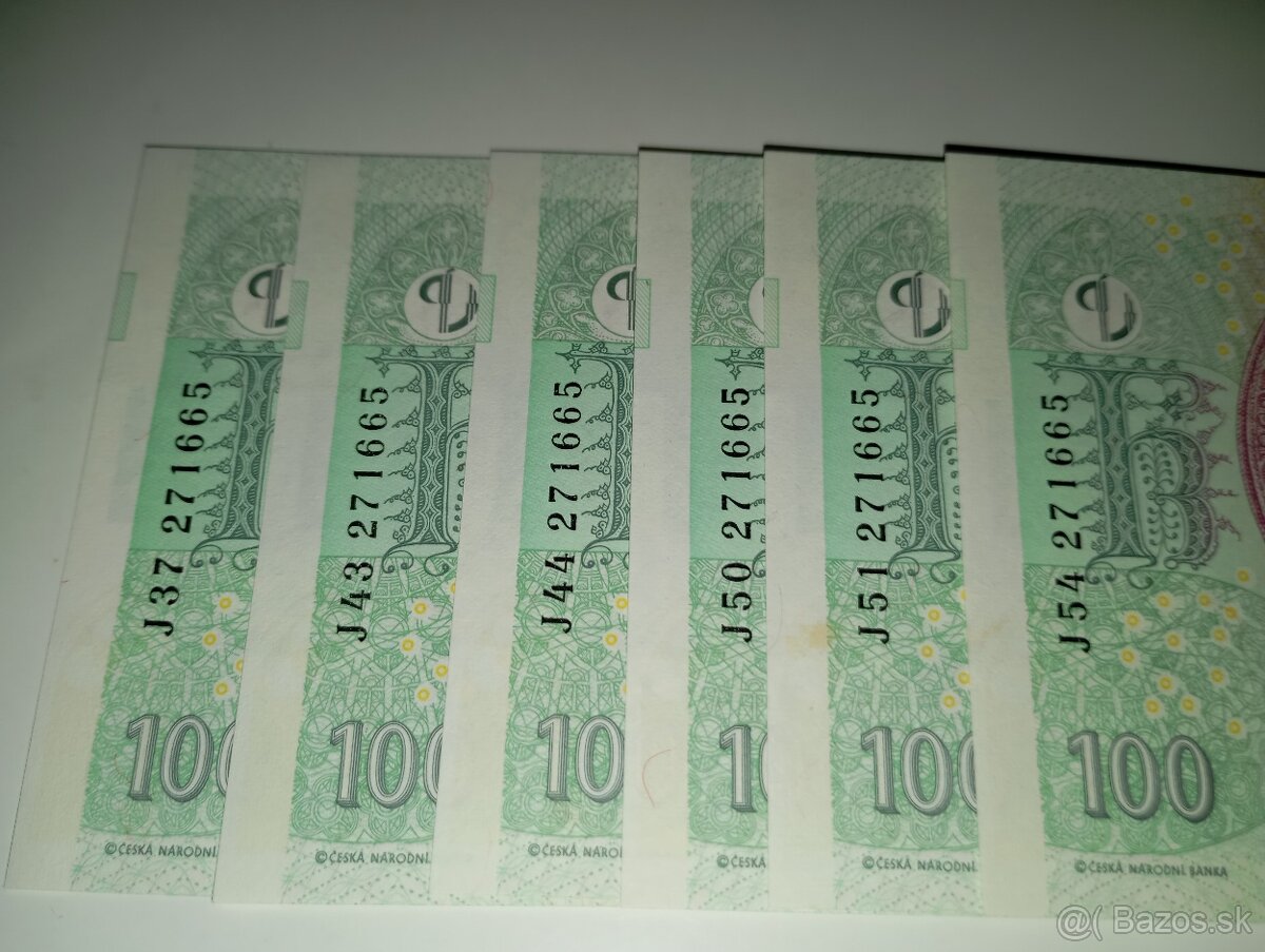 BANKOVKY 100 KČ 2018, 6 KUSŮ STEJNÝCH ČÍSEL, UNC STAVY