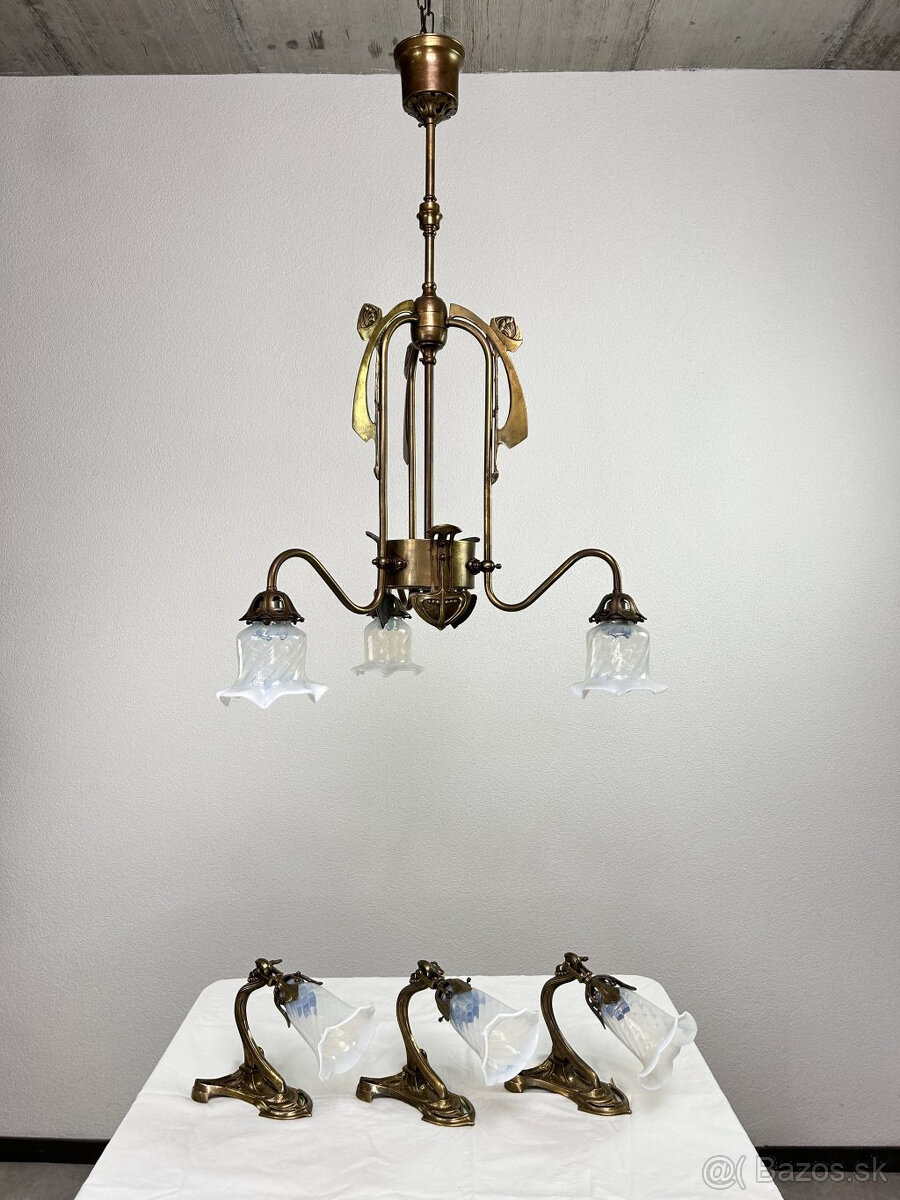 Secesný trojramenný luster + 3ks nástenné lampy