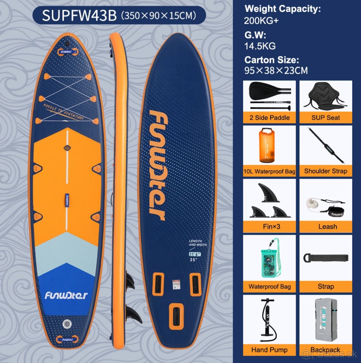 Paddleboard 350cm so sedačkou, 3 plutvy