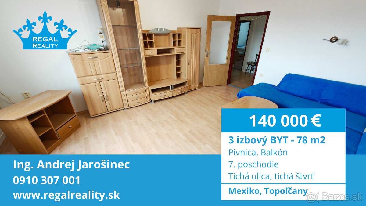 Veľkometrážny 3-IZB.  BYT, Balkón, Pivnica, 78 m2, Topoľčany