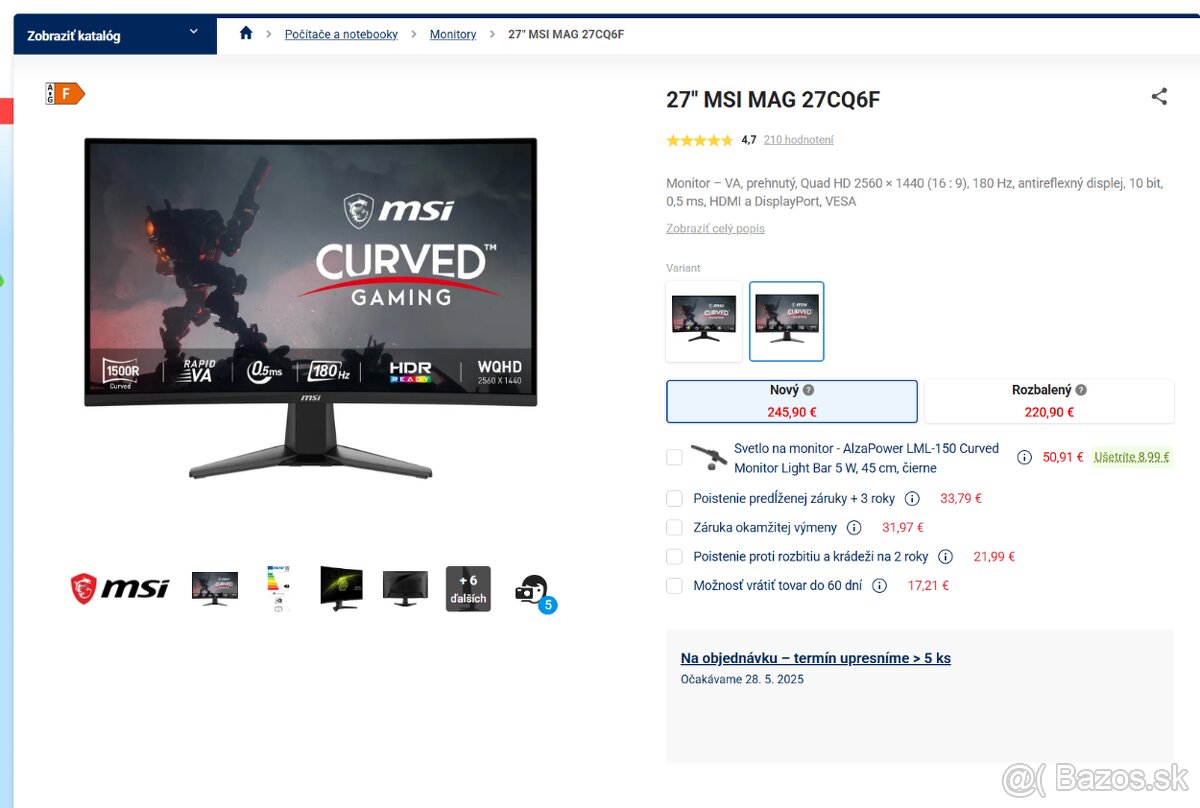 27" MSI MAG 27CQ6F 180 hz