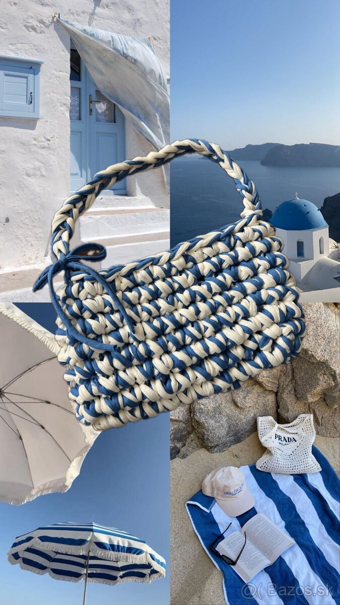 Háčkovaná modro biela crochet shoulder kabelka