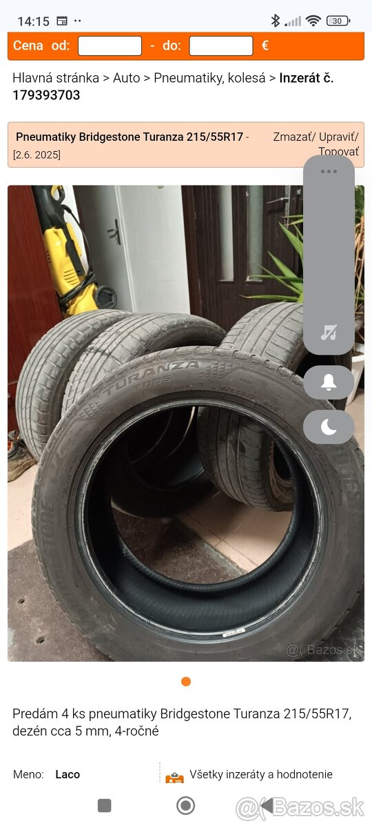 Predám pneumatiky Bridgestone Turanza 215/55R17