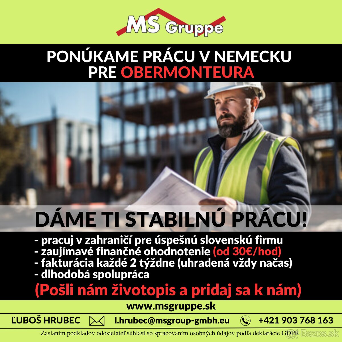 SKVELÁ PONUKA PRE OBERMONTEURA V NEMECKU