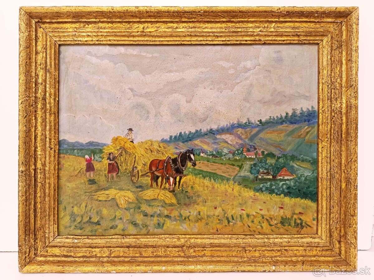 Obraz- Launner, Žně, olej na kartonu 44x56