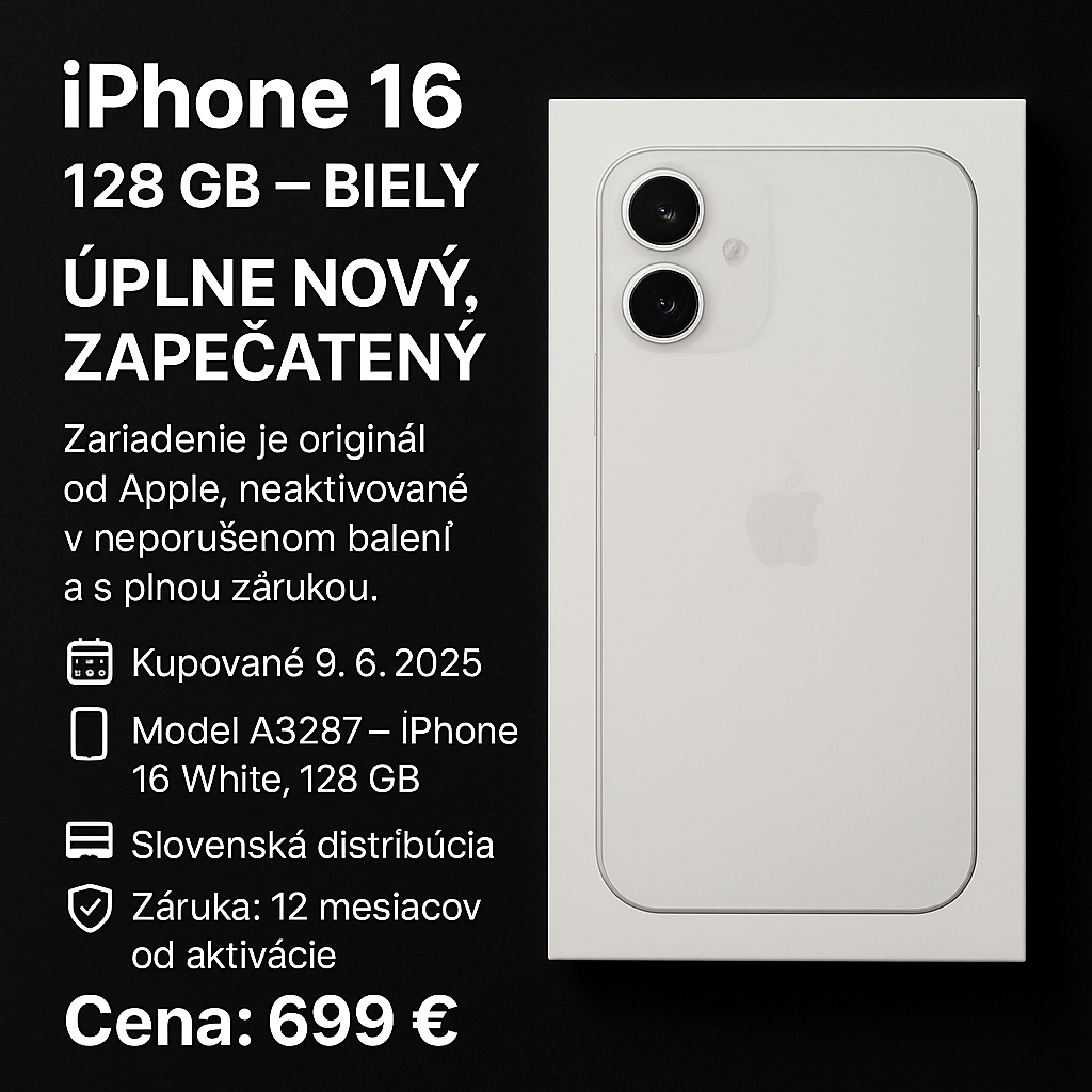 iPhone 16 – 128 GB – BIELY – NOVÝ, ZAPEČATENÝ
