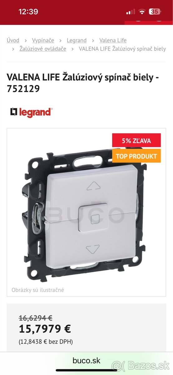 Vypinač žalúziový Legrand Valena Life biela 752129