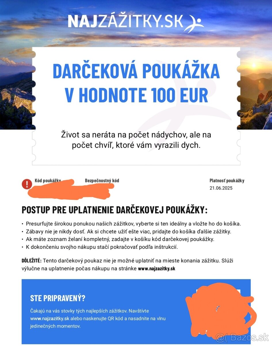 100€ poukaz na zážitok podľa vlastného výberu