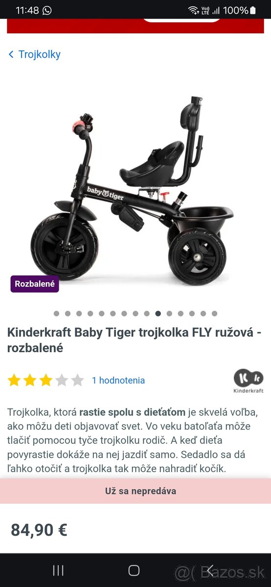 Kinderkraft Baby Tiger trojkolka FLY ružová